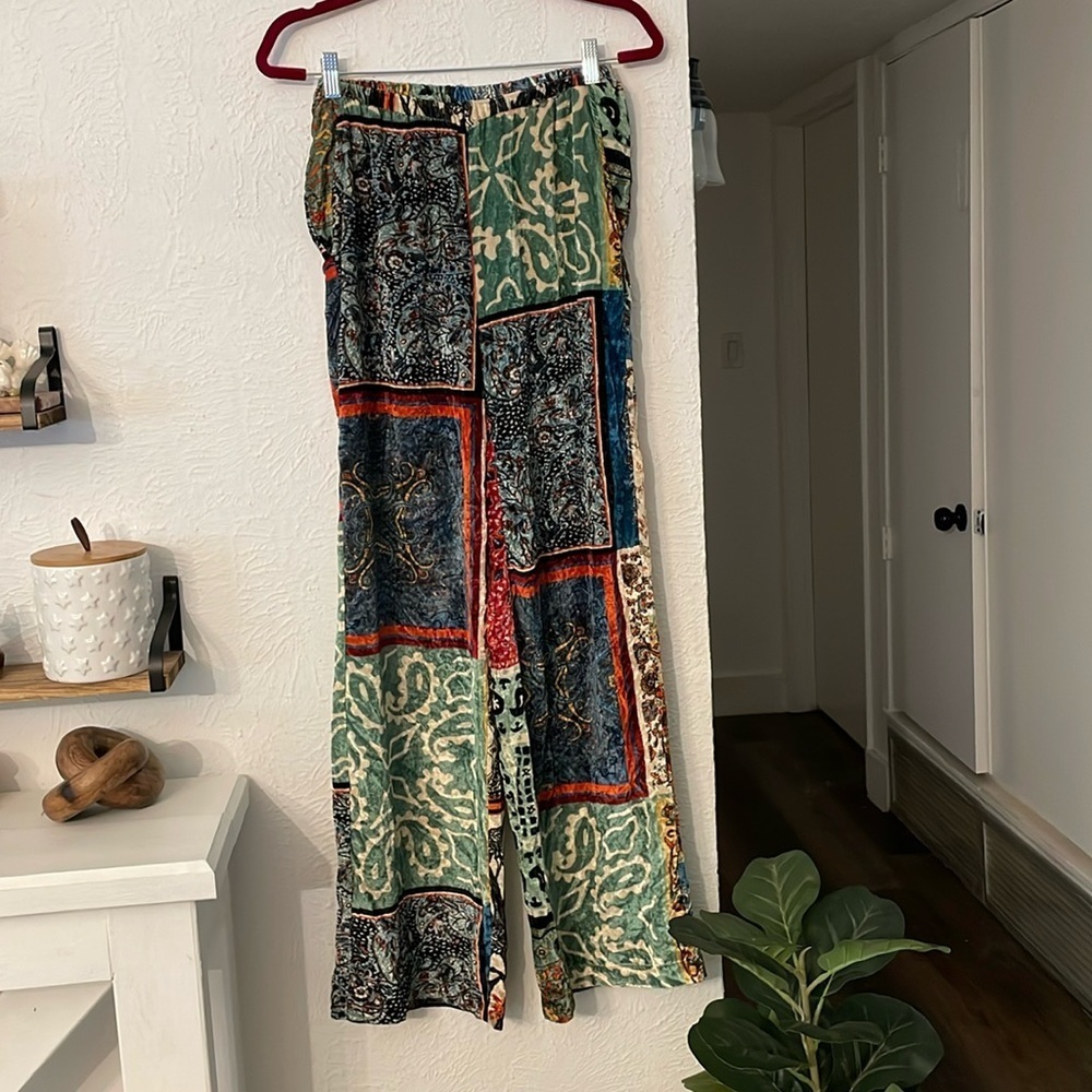 Sfizio Women's Patchwork Print Velvet Stretch Lounge Pant Trousers Pockets Sz XS - Picture 5 of 9